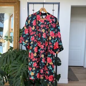 Vintage Barbizon Black Floral Satin Robe Kimono Duster